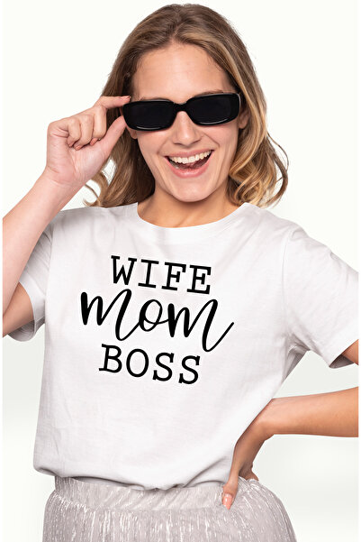 StoryGift Romania Tricou Femei cu textul in engleza "Wife, mom, boss" - sotie...