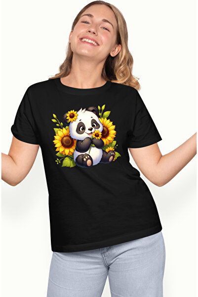 StoryGift Romania Tricou Femei cu un urs Panda, ilustratie, flori de floarea-...