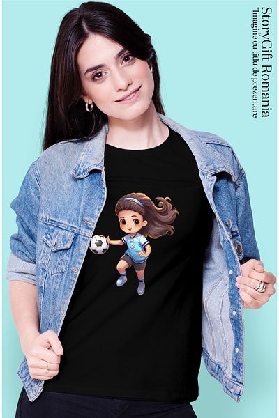 StoryGift Romania Tricou Femei cu o fetita care joaca forbal, ilustratie, minge, alergare, efort f BLK_M