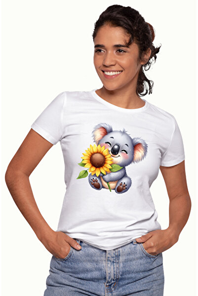 StoryGift Romania Tricou Femei cu o ursoaica vesela, ilustratie, Koala, floarea-soarelui, tine o f WHT_L