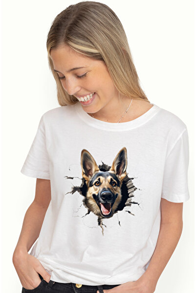 StoryGift Romania Tricou Femei cu un caine lup jucaus, ilustratie, scoate capul prin peretele spar WHT_M