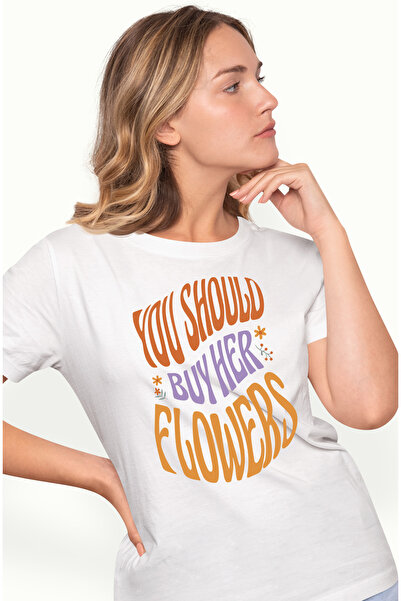StoryGift Romania Tricou Femei Cu Mesaj Romantic You Should Buy Her Flowers, Multicolor, Flori, Va WHT_L