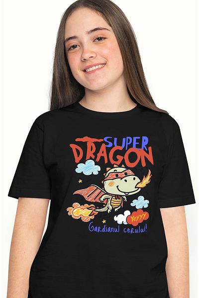 StoryGift Romania Tricou Femei Super dragon-Gardianul cerului, cu imprimeu pe Fata, 100% Bumbac, BLK_L