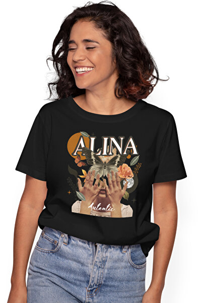 StoryGift Romania Tricou Femei Cu Numele Alina, Colaj Fata, Fluture, Flori, C...