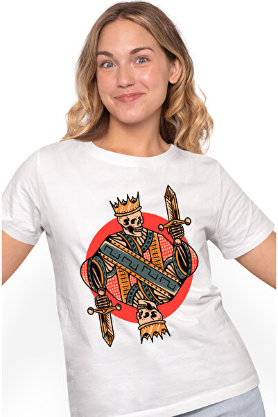 StoryGift Romania Tricou Femei Cu Schelet, Rege, Sabie, Coroana, Carte De Joc, Multicolor cu impr WHT_L