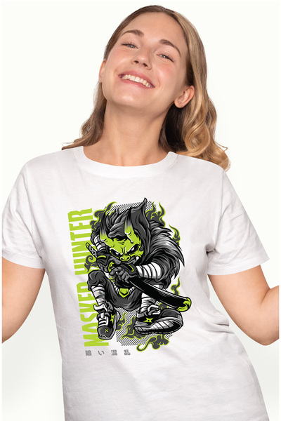StoryGift Romania Tricou Femei Cu Ninja Masca Stil Chinezesc, Text Verde Neon In Engleza Masked Hu WHT_L