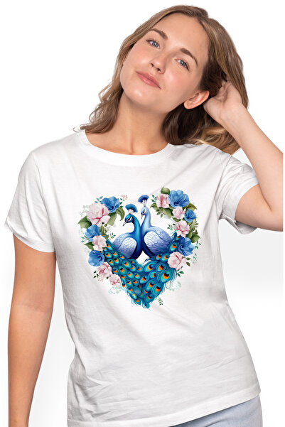 StoryGift Romania Tricou Femei cu o paunita si un paun, ilustratie, forma de ...