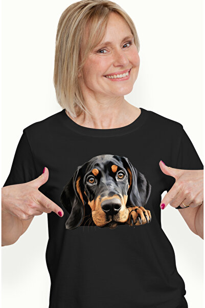 StoryGift Romania Tricou Femei cu un catel suparat, ilustratie, posomorat, negru, maro, are nevoie BLK_L