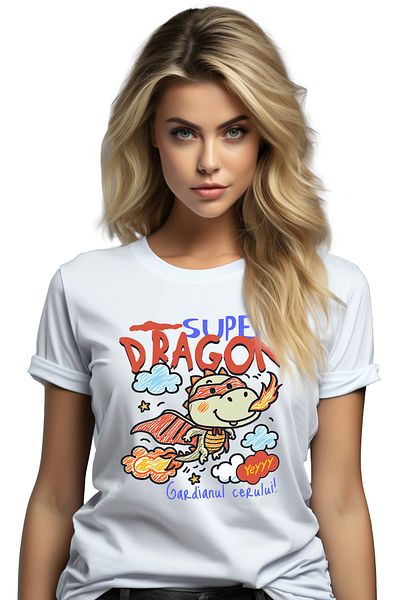 StoryGift Romania Tricou Femei Super dragon-Gardianul cerului, cu imprimeu pe Fata, 100% Bumbac, WHT_L