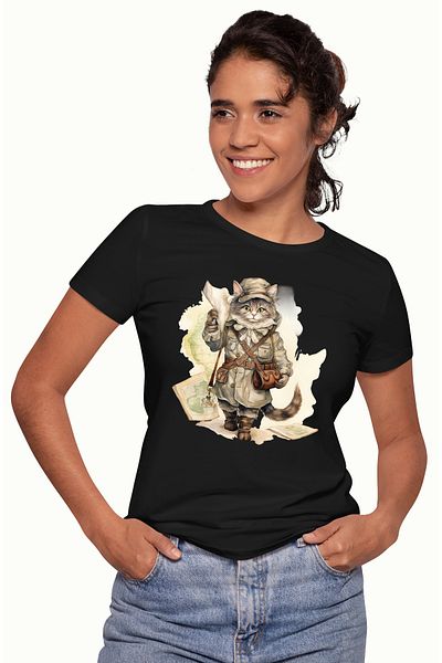 StoryGift Romania Tricou Femei cu o pisica in uniforma, ilustratie, comandant, expeditie, mapa, ha BLK_L