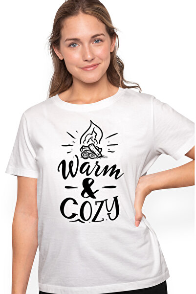 StoryGift Romania Tricou Femei cu un foc de tabara si textul "Warm & cozy" - ...