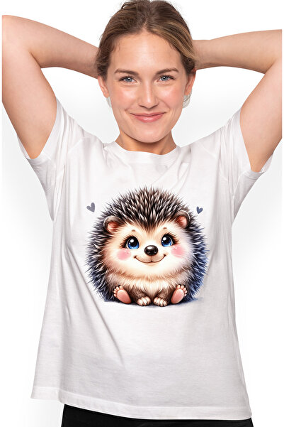 StoryGift Romania Tricou Femei cu un arici vesel, ilustratie, inimi, natura, ...