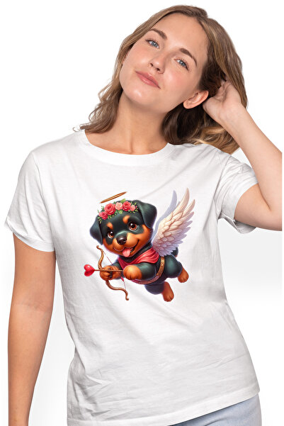 StoryGift Romania Tricou Femei cu un catelus Rottweiler Cupidon care trage cu arcul, ilustratie, s WHT_L