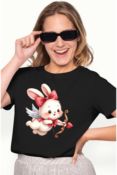 StoryGift Romania Tricou Femei cu un iepuras alb Cupidon care trage cu arcul, ilustratie, indragos BLK_L