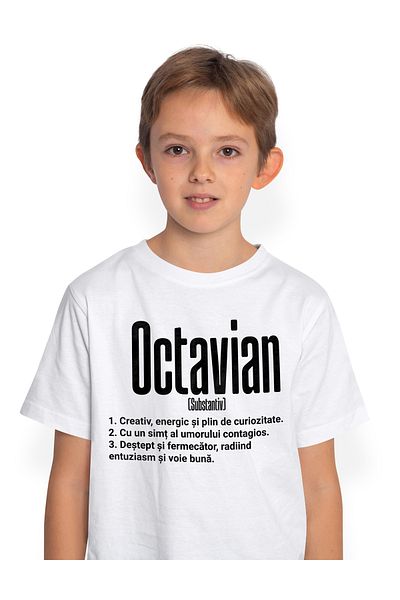 StoryGift Romania Tricou Copii Baieti Cu Numele Octavian, Cu Mesaj Motivational, Creativ, Energic, Curios, D