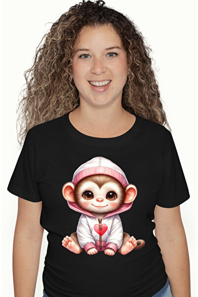 StoryGift Romania Tricou Femei cu o maimutica in hanorac, ilustratie, inimioa...