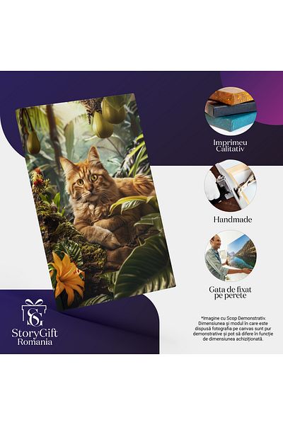StoryGift Romania Tablou Canvas Motanul Leneș Și Pisicile Din Pădure Fructe Tropicale Și Umbră În Verdeață , Pict