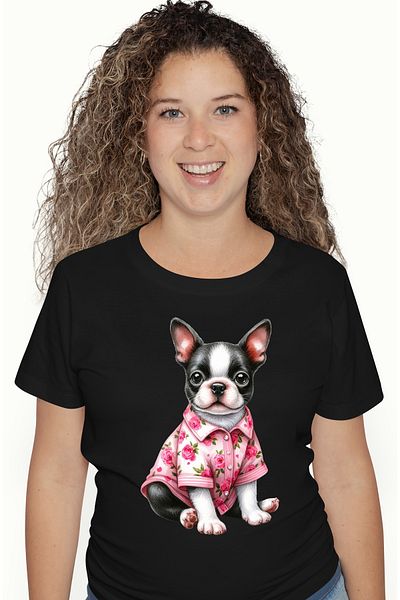 StoryGift Romania Tricou Femei cu un catelus cuminte, ilustratie, alb, negru, camasa inflorata, tr BLK_L