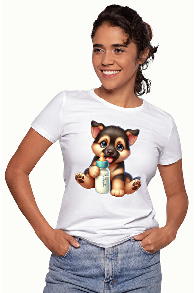 StoryGift Romania Tricou Femei cu un catel curios care tine un biberon, grija...