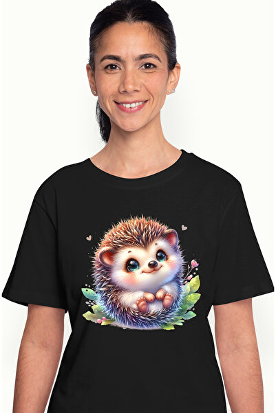 StoryGift Romania Tricou Femei cu un pui de arici vesel, ilustratie, plante, frunze, inimioare, oc BLK_L