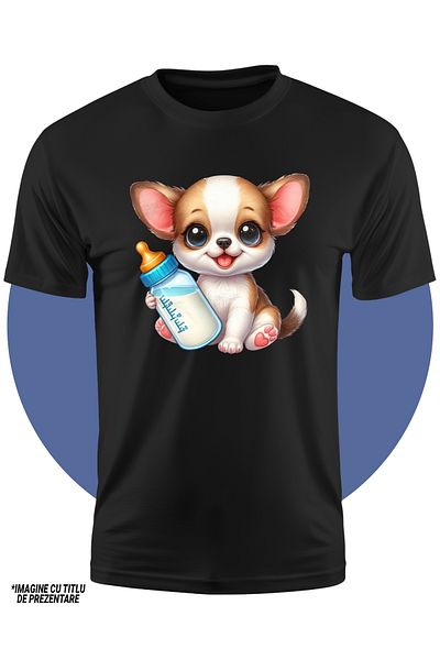 StoryGift Romania Tricou Copii Cu Un Catelus Care Tine Un Biberon Cu Lapte, Ilustratie, Grija, Parinti, Joac