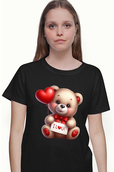 StoryGift Romania Tricou Femei cu un ursulet de plus care tine un biletel cu mesajul "I love you", BLK_L