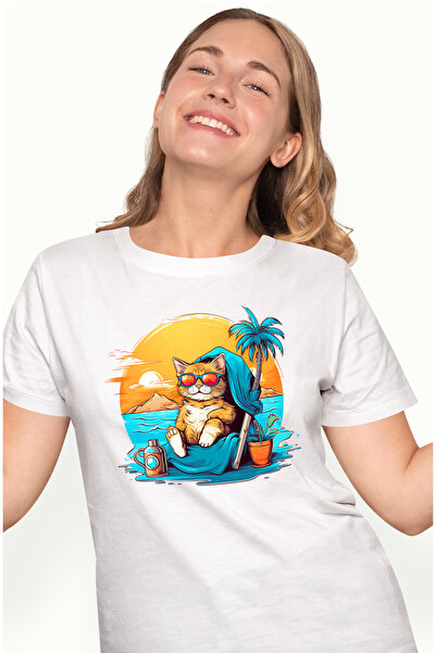 StoryGift Romania Tricou Femei cu o pisica pe plaja, ilustratie, relaxare, va...