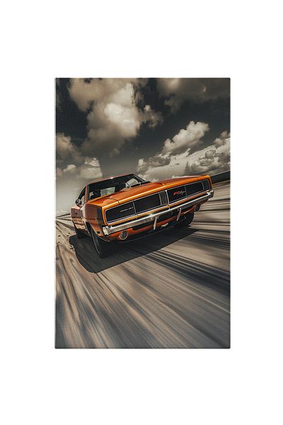 StoryGift Romania Tablou Canvas Mașină Portocalie În Viteză Pe Drum - Șosea Distorsionată De Viteză, Masină Veche