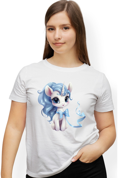 StoryGift Romania Tricou Femei cu un unicorn vesel, ilustratie, coama albastra, funda, imbujorata, WHT_L