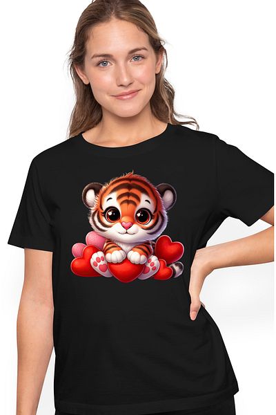 StoryGift Romania Women's T-shirt with a tiger cub holding a heart, illustration, Valentine's Day, BLK_M