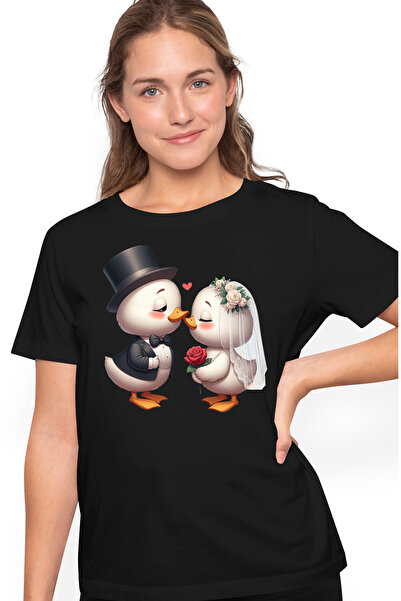 StoryGift Romania Tricou Femei cu o ratusca si un ratoi la nunta, ilustratie,...