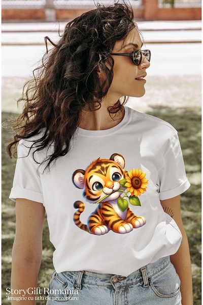 StoryGift Romania Women's T-shirt with a tiger cub holding a flower, illustration, sunflower WHT_L