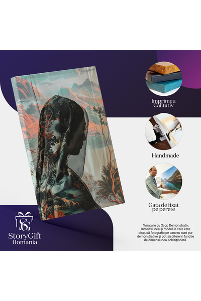 StoryGift Romania Tablou Canvas: Chip De Femeie Acoperit Cu Voal Negru Și Detalii Florale Cu Peisaj- Fotografie