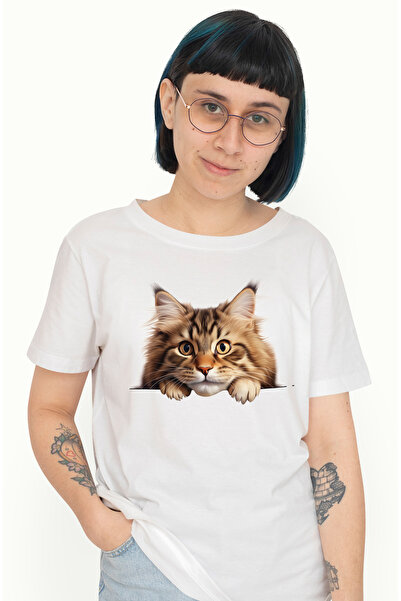 StoryGift Romania Tricou Femei cu o pisica surprinsa, ilustratie, priveste cu...