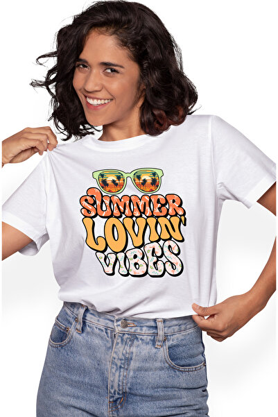 StoryGift Romania Tricou Femei cu mesajul "Summer lovin' vibes", vara, vacanta, relaxare, concediu WHT_L