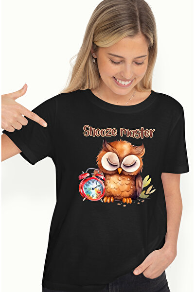 StoryGift Romania Tricou Femei cu o bufnita care doarme cu mesajul "Snooze master", ilustratie, am BLK_L