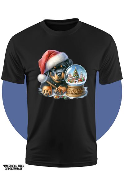 StoryGift Romania Tricou Copii Cu Un Catel Rottweiler Cu Caciula De Craciun, Ilustratie, Globulet Cu Un Brad