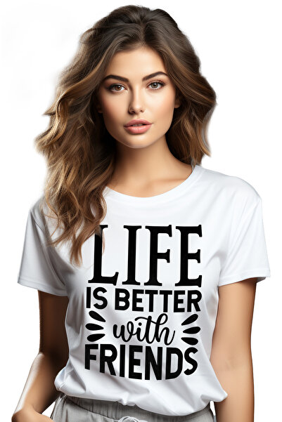StoryGift Romania Women's T-shirt with the text in English "Life is better with friends" - viata e mai bu WHT_M