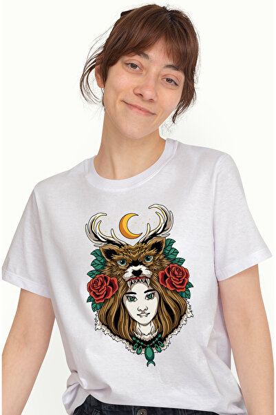 StoryGift Romania Tricou Femei Cu Luna, Trandafiri, Cerb, Fata, Multicolor cu...