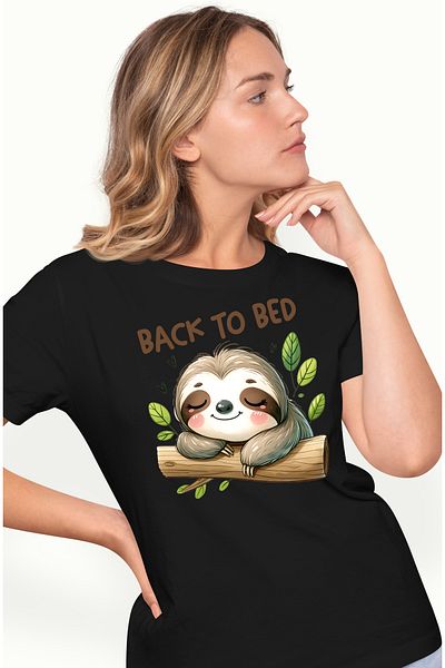 StoryGift Romania Women's T-shirt with sloth/lazy animal with the message "Back to bed", illustration, fun BLK_L