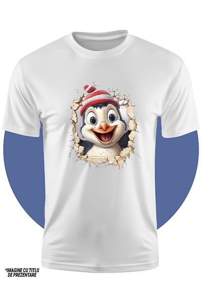StoryGift Romania Tricou Copii Cu Un Pinguin Care Poarta O Caciula, Ilustratie, Scoate Capul Printr-un Zid S