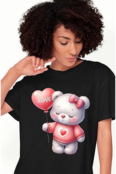 StoryGift Romania Tricou Femei cu un ursulet care tine un balon in forma de i...