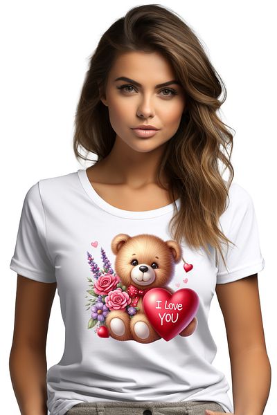 StoryGift Romania Tricou Femei cu un urs de plus care tine o inima pe care scrie "I love you", ilu WHT_L