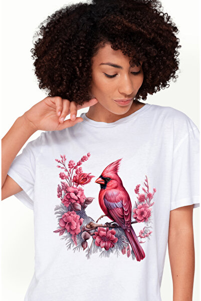 StoryGift Romania Tricou Femei cu o pasare roz, ilustratie, floricele, ramura...