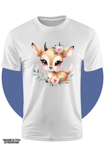 StoryGift Romania Tricou Copii Cu O Caprioara Micuta, Ilustratie, Vesela, Imbujorata, Flori, Plante, Natura,