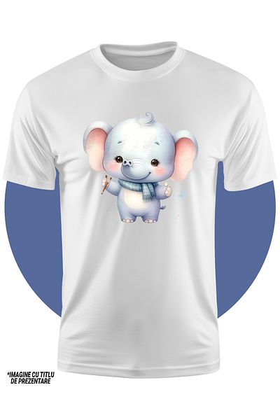 StoryGift Romania Tricou Copii Cu Un Elefant Vesel, Cuminte, Curios, Imbujorat, Tine 2 Pensule In Mana, Anim