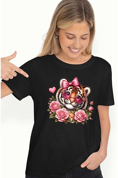 StoryGift Romania Women's T-shirt with a tiger cub wearing heart-shaped glasses BLK_L