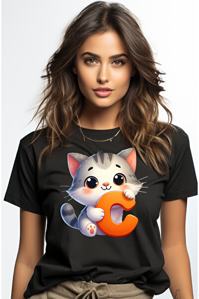 StoryGift Romania Tricou Femei cu un pisoi cu litera "C", ilustratie, pentru ...