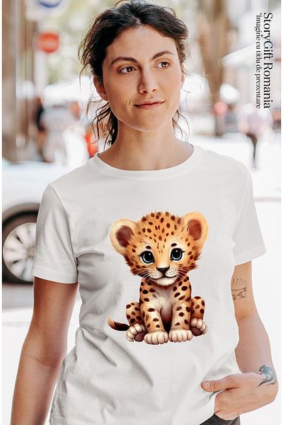 StoryGift Romania Women's T-shirt with a cheerful tiger cub, illustration, happy, playful, childhood, g WHT_L