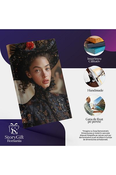 StoryGift Romania Tablou Canvas Pistruiata Cu Ochii Senini Si Buze Mari Cu Parul Carliontat Si Palarie Neagra As
